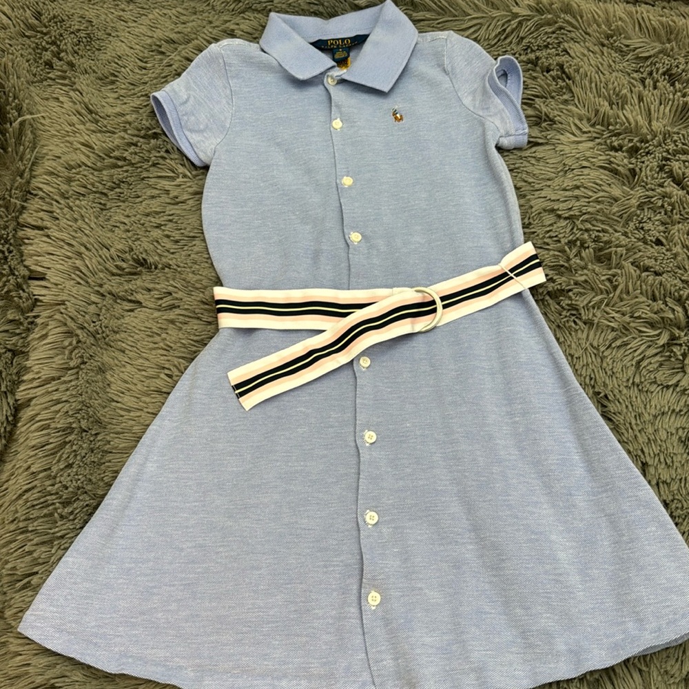 Polo by Ralph Lauren Light Blue Knit Shirt Dress with Striped Belt